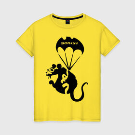 Женская футболка хлопок с принтом Rat with parachute (Banksy) в Новосибирске, 100% хлопок | прямой крой, круглый вырез горловины, длина до линии бедер, слегка спущенное плечо | бэнкси | граффити | грызун | животные | хомяк с парашютом