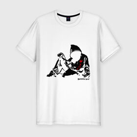 Мужская футболка премиум с принтом Раненый парень (Banksy) в Новосибирске, 92% хлопок, 8% лайкра | приталенный силуэт, круглый вырез ворота, длина до линии бедра, короткий рукав | бэнкси | граффити | кровь | парень | рана | силуэт