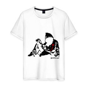 Мужская футболка хлопок с принтом Раненый парень (Banksy) в Новосибирске, 100% хлопок | прямой крой, круглый вырез горловины, длина до линии бедер, слегка спущенное плечо. | бэнкси | граффити | кровь | парень | рана | силуэт