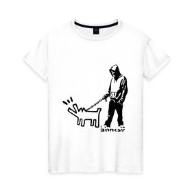 Женская футболка хлопок с принтом Парень с собакой (Banksy) в Новосибирске, 100% хлопок | прямой крой, круглый вырез горловины, длина до линии бедер, слегка спущенное плечо | dog | бэнкси | граффити | собака