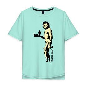 Мужская футболка хлопок Oversize с принтом Древний человек Бэнкси в Новосибирске, 100% хлопок | свободный крой, круглый ворот, “спинка” длиннее передней части | бэнкси | граффити | неандерталец | примат