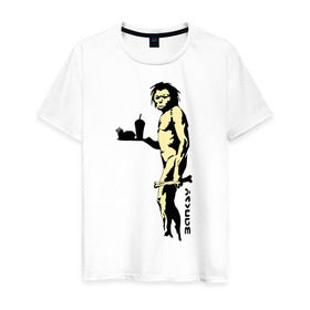 Мужская футболка хлопок с принтом Древний человек Бэнкси в Новосибирске, 100% хлопок | прямой крой, круглый вырез горловины, длина до линии бедер, слегка спущенное плечо. | бэнкси | граффити | неандерталец | примат