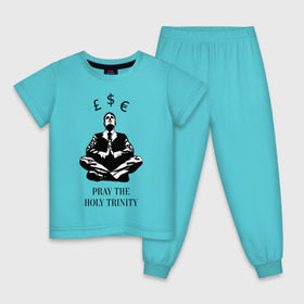 Детская пижама хлопок с принтом Pray the holy trinity в Новосибирске, 100% хлопок |  брюки и футболка прямого кроя, без карманов, на брюках мягкая резинка на поясе и по низу штанин
 | Тематика изображения на принте: banksy | бэнкси | граффтити | деньги | доллар | евро | фунт