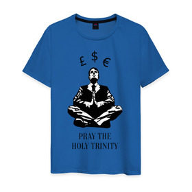 Мужская футболка хлопок с принтом Pray the holy trinity в Новосибирске, 100% хлопок | прямой крой, круглый вырез горловины, длина до линии бедер, слегка спущенное плечо. | banksy | бэнкси | граффтити | деньги | доллар | евро | фунт