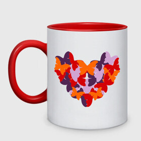 Кружка двухцветная с принтом Butterfly heart в Новосибирске, керамика | объем — 330 мл, диаметр — 80 мм. Цветная ручка и кайма сверху, в некоторых цветах — вся внутренняя часть | Тематика изображения на принте: бабочки | девушкам | сердечко | сердце | узор