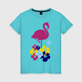 Женская футболка хлопок с принтом Фламинго в Новосибирске, 100% хлопок | прямой крой, круглый вырез горловины, длина до линии бедер, слегка спущенное плечо | летние | лето | птица | цветочки | цветы