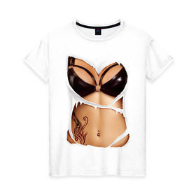Женская футболка хлопок с принтом Кожаный бюст в Новосибирске, 100% хлопок | прямой крой, круглый вырез горловины, длина до линии бедер, слегка спущенное плечо | body | woman body | голое тело | женское тело | подарок жене | тело
