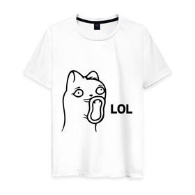 Мужская футболка хлопок с принтом LoL-кот в Новосибирске, 100% хлопок | прямой крой, круглый вырез горловины, длина до линии бедер, слегка спущенное плечо. | интернет приколы | кот | котяра | кошак | лол | мем