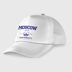 Детская кепка тракер с принтом MGU Moscow University в Новосибирске, Козырек - 100% хлопок. Кепка - 100% полиэстер, Задняя часть - сетка | универсальный размер, пластиковая застёжка | вуз | институт | мгу | студенческие | университет
