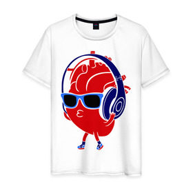 Мужская футболка хлопок с принтом Сердце в наушниках в Новосибирске, 100% хлопок | прямой крой, круглый вырез горловины, длина до линии бедер, слегка спущенное плечо. | в очках | музыка | плеер | слушать музыку