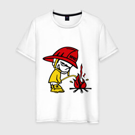 Мужская футболка хлопок с принтом Пожарник в Новосибирске, 100% хлопок | прямой крой, круглый вырез горловины, длина до линии бедер, слегка спущенное плечо. | каска | мальчик | мчс | огонь | писает | пожар | профессии | спасение | тушить