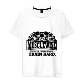 Мужская футболка хлопок с принтом Musclewise train hard (тренируйся усердно) в Новосибирске, 100% хлопок | прямой крой, круглый вырез горловины, длина до линии бедер, слегка спущенное плечо. | musclewise train hard | для тренеровок | качок | мускулы | раскаченный | спортсмен | тренеровки | тренируйся | тренируйся усердно