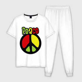 Мужская пижама хлопок с принтом Peace red, yellow, green в Новосибирске, 100% хлопок | брюки и футболка прямого кроя, без карманов, на брюках мягкая резинка на поясе и по низу штанин
 | reggae | мир | регги