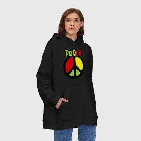 Худи SuperOversize хлопок с принтом Peace red, yellow, green в Новосибирске, 70% хлопок, 30% полиэстер, мягкий начес внутри | карман-кенгуру, эластичная резинка на манжетах и по нижней кромке, двухслойный капюшон
 | reggae | мир | регги