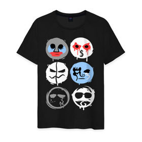 Мужская футболка хлопок с принтом HU Mask в Новосибирске, 100% хлопок | прямой крой, круглый вырез горловины, длина до линии бедер, слегка спущенное плечо. | Тематика изображения на принте: hollywood undead | hu | hu mask one color | undead | злые маски | маски | рок реп группа hollywood undead