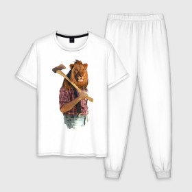 Мужская пижама хлопок с принтом Lion lumberjack в Новосибирске, 100% хлопок | брюки и футболка прямого кроя, без карманов, на брюках мягкая резинка на поясе и по низу штанин
 | голова животного | лев в рубашке | лев с телом человека | лев с топором | тело человека | человек с головой льва
