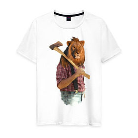 Мужская футболка хлопок с принтом Lion lumberjack в Новосибирске, 100% хлопок | прямой крой, круглый вырез горловины, длина до линии бедер, слегка спущенное плечо. | голова животного | лев в рубашке | лев с телом человека | лев с топором | тело человека | человек с головой льва