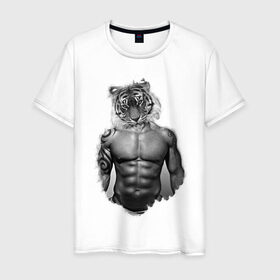 Мужская футболка хлопок с принтом Tiger power в Новосибирске, 100% хлопок | прямой крой, круглый вырез горловины, длина до линии бедер, слегка спущенное плечо. | голова животного | тело человека | тигр с телом человека | человек с головой тигра