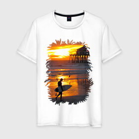 Мужская футболка хлопок с принтом Summer surfing в Новосибирске, 100% хлопок | прямой крой, круглый вырез горловины, длина до линии бедер, слегка спущенное плечо. | летние | лето | море | на лето | океан | пляж | серфинг