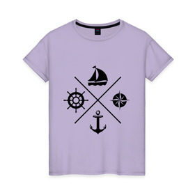 Женская футболка хлопок с принтом Sailor theme в Новосибирске, 100% хлопок | прямой крой, круглый вырез горловины, длина до линии бедер, слегка спущенное плечо | sailor theme | азимут | компас | кораблик | корабль | лодка | путешествие | штурвал | якорь