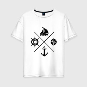 Женская футболка хлопок Oversize с принтом Sailor theme в Новосибирске, 100% хлопок | свободный крой, круглый ворот, спущенный рукав, длина до линии бедер
 | sailor theme | азимут | компас | кораблик | корабль | лодка | путешествие | штурвал | якорь