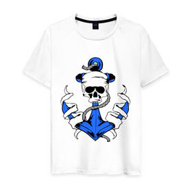 Мужская футболка хлопок с принтом Якорь с черепом в Новосибирске, 100% хлопок | прямой крой, круглый вырез горловины, длина до линии бедер, слегка спущенное плечо. | Тематика изображения на принте: корабль | летние | лето | море | отдых | отпуск | пиратские | пираты | пляж