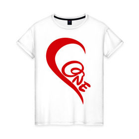 Женская футболка хлопок с принтом One love парная в Новосибирске, 100% хлопок | прямой крой, круглый вырез горловины, длина до линии бедер, слегка спущенное плечо | для влюбленных | для двоих | для пары | любимая | любимый | любовь | парная | половинка | сердечко | сердце