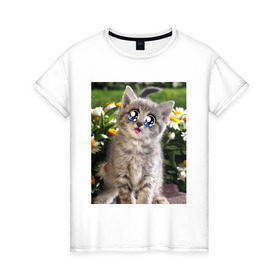 Женская футболка хлопок с принтом Котеночек в ромашках в Новосибирске, 100% хлопок | прямой крой, круглый вырез горловины, длина до линии бедер, слегка спущенное плечо | домашние животные | котенок | котик | кошки
