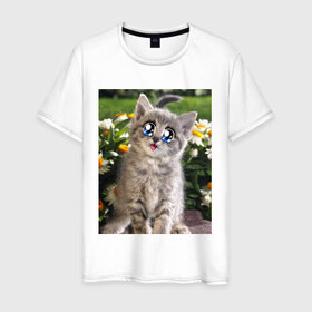 Мужская футболка хлопок с принтом Котеночек в ромашках в Новосибирске, 100% хлопок | прямой крой, круглый вырез горловины, длина до линии бедер, слегка спущенное плечо. | домашние животные | котенок | котик | кошки