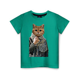 Детская футболка хлопок с принтом Котейка в шарфе в Новосибирске, 100% хлопок | круглый вырез горловины, полуприлегающий силуэт, длина до линии бедер | cat | животное с телом человека | животные | киса | кот | котенок | кошка | кошка в пальто | тело человека голова животного | человек с головой животного
