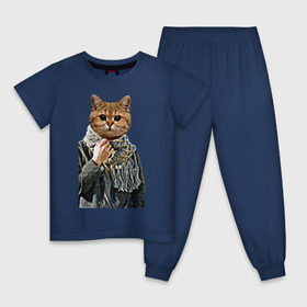 Детская пижама хлопок с принтом Котейка в шарфе в Новосибирске, 100% хлопок |  брюки и футболка прямого кроя, без карманов, на брюках мягкая резинка на поясе и по низу штанин
 | Тематика изображения на принте: cat | животное с телом человека | животные | киса | кот | котенок | кошка | кошка в пальто | тело человека голова животного | человек с головой животного