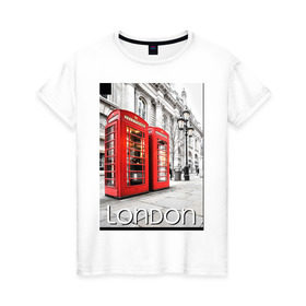 Женская футболка хлопок с принтом Телефонные будки Лондона в Новосибирске, 100% хлопок | прямой крой, круглый вырез горловины, длина до линии бедер, слегка спущенное плечо | лондон