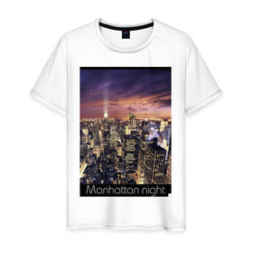 Мужская футболка хлопок с принтом Ночной Манхеттен в Новосибирске, 100% хлопок | прямой крой, круглый вырез горловины, длина до линии бедер, слегка спущенное плечо. | new york ny | nyc | urban | город | города | нью йорк | урбан