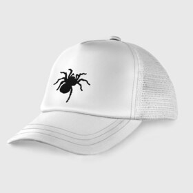 Детская кепка тракер с принтом Паук (spider) в Новосибирске, Козырек - 100% хлопок. Кепка - 100% полиэстер, Задняя часть - сетка | универсальный размер, пластиковая застёжка | Тематика изображения на принте: насекомые | паутина | паучок | черная вдова | черный паук