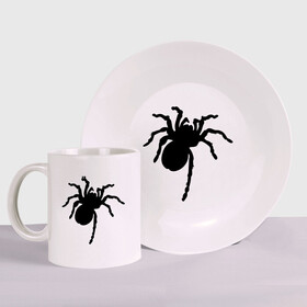 Набор: тарелка + кружка с принтом Паук (spider) в Новосибирске, керамика | Кружка: объем — 330 мл, диаметр — 80 мм. Принт наносится на бока кружки, можно сделать два разных изображения. 
Тарелка: диаметр - 210 мм, диаметр для нанесения принта - 120 мм. | Тематика изображения на принте: насекомые | паутина | паучок | черная вдова | черный паук