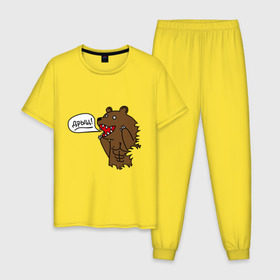 Мужская пижама хлопок с принтом Медведь качок (дрищ) в Новосибирске, 100% хлопок | брюки и футболка прямого кроя, без карманов, на брюках мягкая резинка на поясе и по низу штанин
 | дрищ | интернет прикол | качалка | мусклы | мышцы | пресс | силовой спорт
