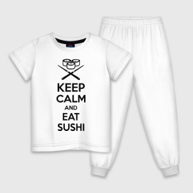 Детская пижама хлопок с принтом Keep calm and eat sushi в Новосибирске, 100% хлопок |  брюки и футболка прямого кроя, без карманов, на брюках мягкая резинка на поясе и по низу штанин
 | keep calm and eat sushi | sushi | палочки | палочки для суши | роллы | ролы | суши