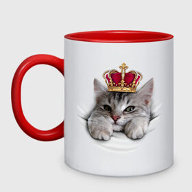 Кружка двухцветная с принтом Pretty kitten в Новосибирске, керамика | объем — 330 мл, диаметр — 80 мм. Цветная ручка и кайма сверху, в некоторых цветах — вся внутренняя часть | Тематика изображения на принте: kitten | meow | meow kitten | киса | корона | корона на голове кота | кот | кот с короной | котик | котэ | котяра | кошка | прикольный кот