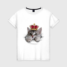Женская футболка хлопок с принтом Pretty kitten в Новосибирске, 100% хлопок | прямой крой, круглый вырез горловины, длина до линии бедер, слегка спущенное плечо | Тематика изображения на принте: kitten | meow | meow kitten | киса | корона | корона на голове кота | кот | кот с короной | котик | котэ | котяра | кошка | прикольный кот