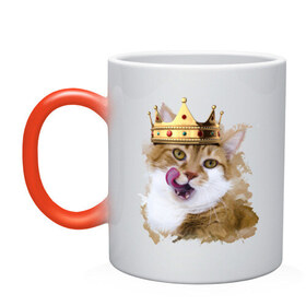 Кружка хамелеон с принтом Spoiled cat в Новосибирске, керамика | меняет цвет при нагревании, емкость 330 мл | kitten | meow | meow kitten | злой кот | киса | корона | корона на голове кота | кот | кот с короной | котик | котэ | котяра | кошка | облизывающаяся кот | прикольный кот