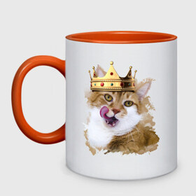 Кружка двухцветная с принтом Spoiled cat в Новосибирске, керамика | объем — 330 мл, диаметр — 80 мм. Цветная ручка и кайма сверху, в некоторых цветах — вся внутренняя часть | Тематика изображения на принте: kitten | meow | meow kitten | злой кот | киса | корона | корона на голове кота | кот | кот с короной | котик | котэ | котяра | кошка | облизывающаяся кот | прикольный кот