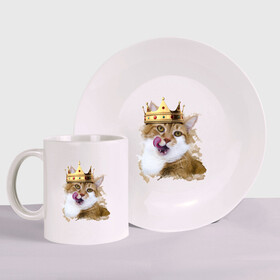 Набор: тарелка + кружка с принтом Spoiled cat в Новосибирске, керамика | Кружка: объем — 330 мл, диаметр — 80 мм. Принт наносится на бока кружки, можно сделать два разных изображения. 
Тарелка: диаметр - 210 мм, диаметр для нанесения принта - 120 мм. | Тематика изображения на принте: kitten | meow | meow kitten | злой кот | киса | корона | корона на голове кота | кот | кот с короной | котик | котэ | котяра | кошка | облизывающаяся кот | прикольный кот