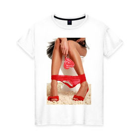 Женская футболка хлопок с принтом Леденец и ножки в Новосибирске, 100% хлопок | прямой крой, круглый вырез горловины, длина до линии бедер, слегка спущенное плечо | candy | девушка с леденцом | девушкам | для девушек | леденец