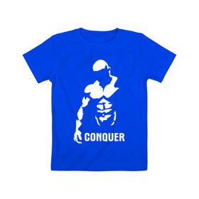 Детская футболка хлопок с принтом Conquer в Новосибирске, 100% хлопок | круглый вырез горловины, полуприлегающий силуэт, длина до линии бедер | Тематика изображения на принте: bodybuilding | conquer | power | бодибилдинг | сила | силовой спорт | силовой экстрим | спорт