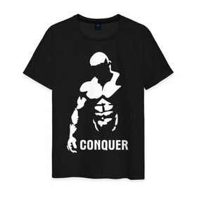 Мужская футболка хлопок с принтом Conquer в Новосибирске, 100% хлопок | прямой крой, круглый вырез горловины, длина до линии бедер, слегка спущенное плечо. | bodybuilding | conquer | power | бодибилдинг | сила | силовой спорт | силовой экстрим | спорт