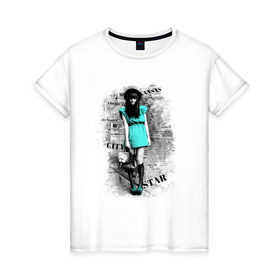 Женская футболка хлопок с принтом City star в Новосибирске, 100% хлопок | прямой крой, круглый вырез горловины, длина до линии бедер, слегка спущенное плечо | газетный принт | газеты | девушка | фотография девушки