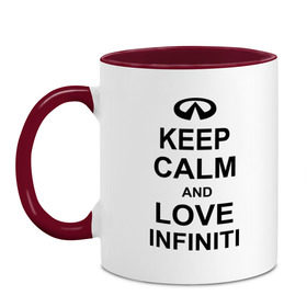 Кружка двухцветная с принтом keep calm and love infiniti в Новосибирске, керамика | объем — 330 мл, диаметр — 80 мм. Цветная ручка и кайма сверху, в некоторых цветах — вся внутренняя часть | автомобили | машины | сохраняй спокойствие и люби инфинити | тачки