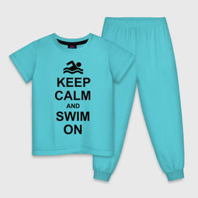 Детская пижама хлопок с принтом Keep calm and swim on. в Новосибирске, 100% хлопок |  брюки и футболка прямого кроя, без карманов, на брюках мягкая резинка на поясе и по низу штанин
 | keep calm | keep calm and swim on | плавание | пловец