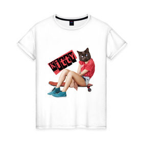 Женская футболка хлопок с принтом Kitty в Новосибирске, 100% хлопок | прямой крой, круглый вырез горловины, длина до линии бедер, слегка спущенное плечо | kitty | девочка киса | девочка на скейтборде | девочка с головой кошки | киса | китти