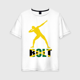 Женская футболка хлопок Oversize с принтом Усейн Болт в Новосибирске, 100% хлопок | свободный крой, круглый ворот, спущенный рукав, длина до линии бедер
 | бегун | легкая атлетика | легкоатлет | спорт | спортсмен